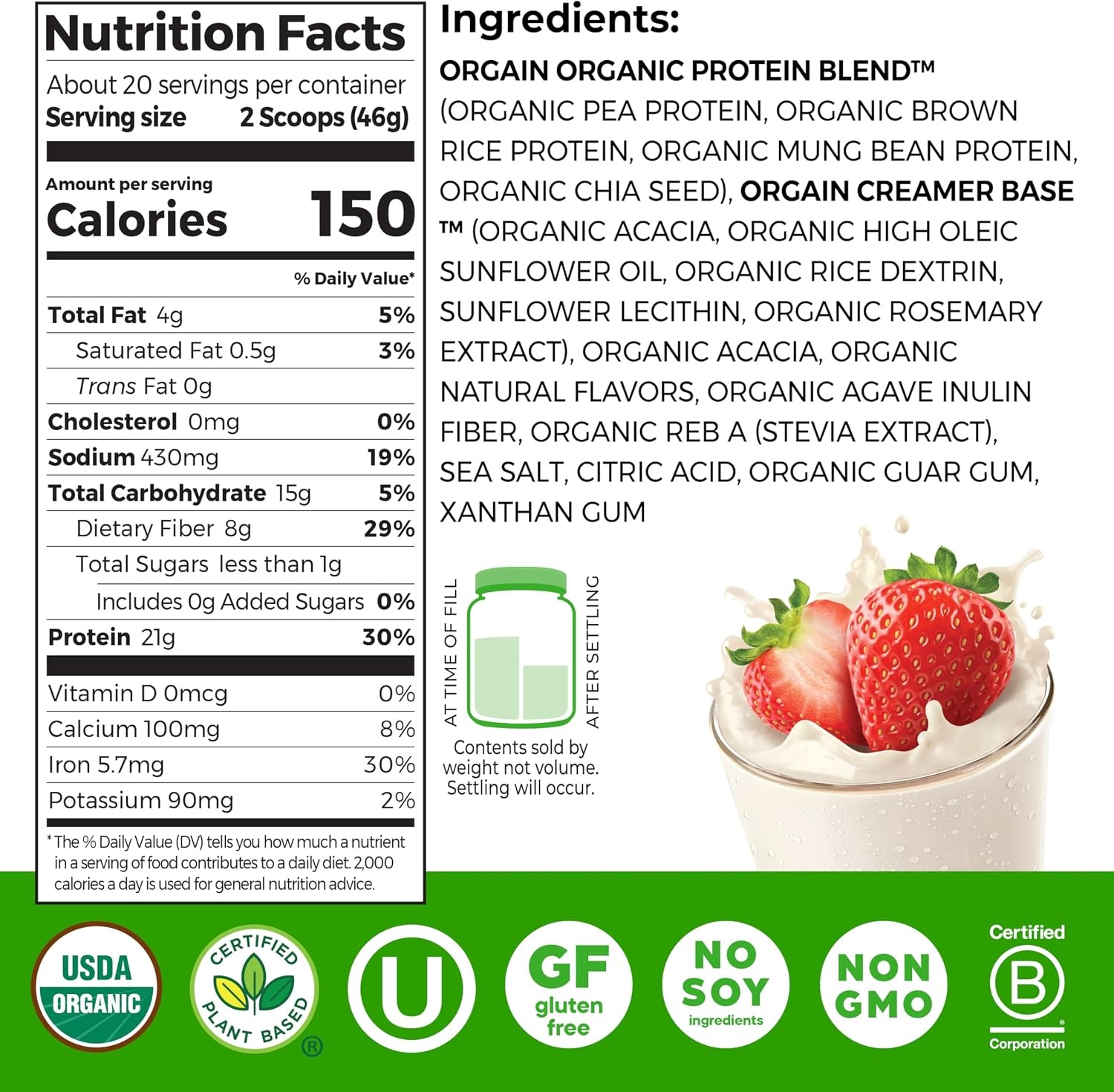 image:imageOrgain Organic Vegan 21g Protein Powder Birthday Cake 102 lbStrawberries Cream