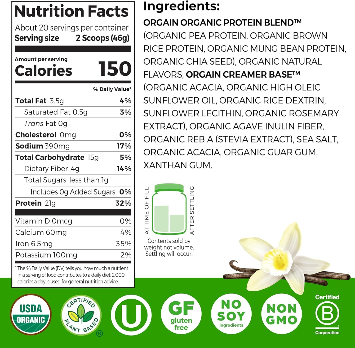 image:imageOrgain Organic Vegan 21g Protein Powder Birthday Cake 102 lbVanilla