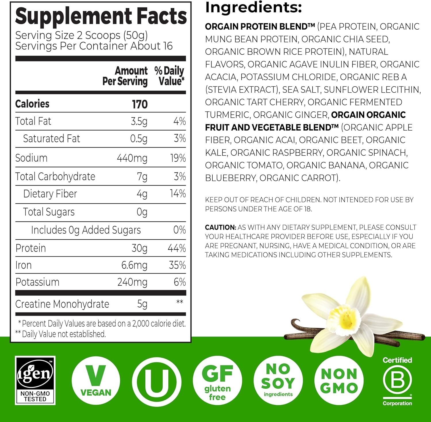 image:imageOrgain Organic Vegan 30g High Protein Powder Vanilla 201 lbVanilla