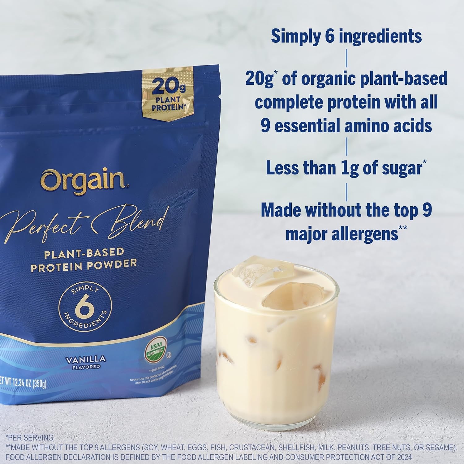 image:imageOrgain Organic Vegan Perfect Blend Protein Powder 20g Clean Plant Protein 6 Ingredients lt1g Sugar Gluten Free NonGMO No Artificial Flavors Stevia Extract Dairy or Soy Ingredients VanillaVanilla