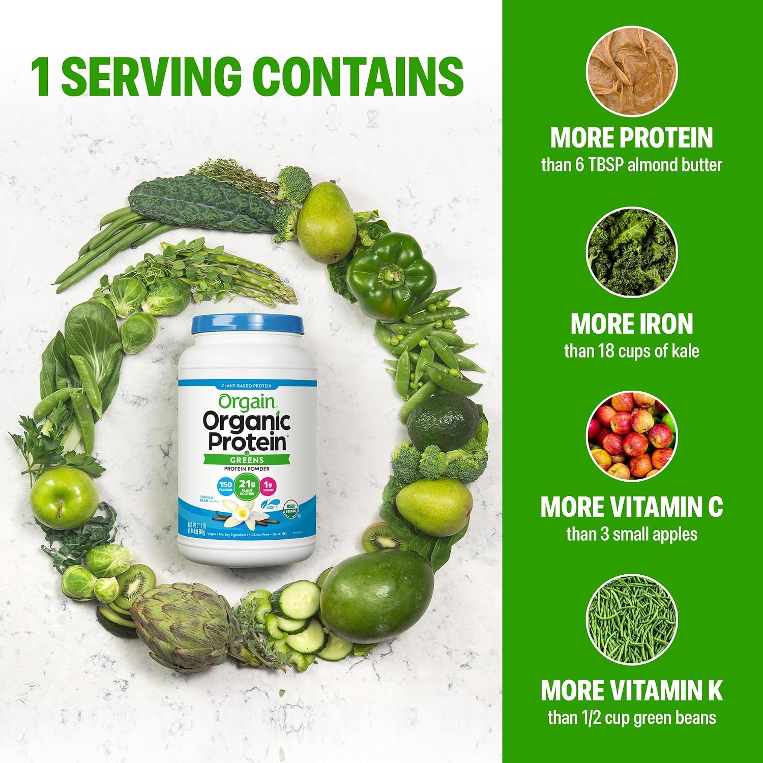 image:imageOrgain Organic Vegan Protein Powder Greens Vanilla Bean 21g Plant Based Protein Gluten Free Dairy Free Lactose Free Soy Free No Sugar Added With Iron amp Prebiotics for Gut Health 194lbVanilla