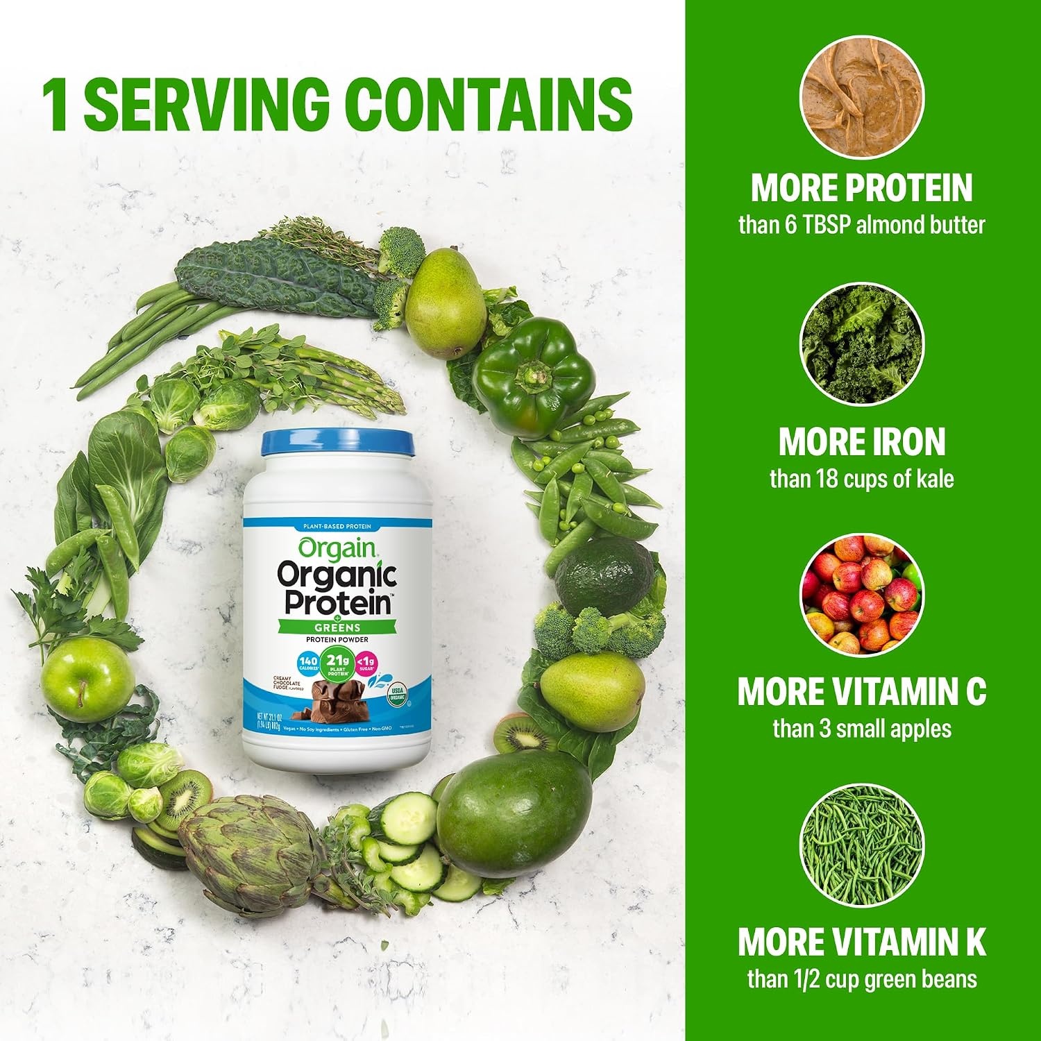 image:imageOrgain Organic Vegan Protein Powder Greens Vanilla Bean 21g Plant Based Protein Gluten Free Dairy Free Lactose Free Soy Free No Sugar Added With Iron amp Prebiotics for Gut Health 194lbCreamy Chocolate Fudge