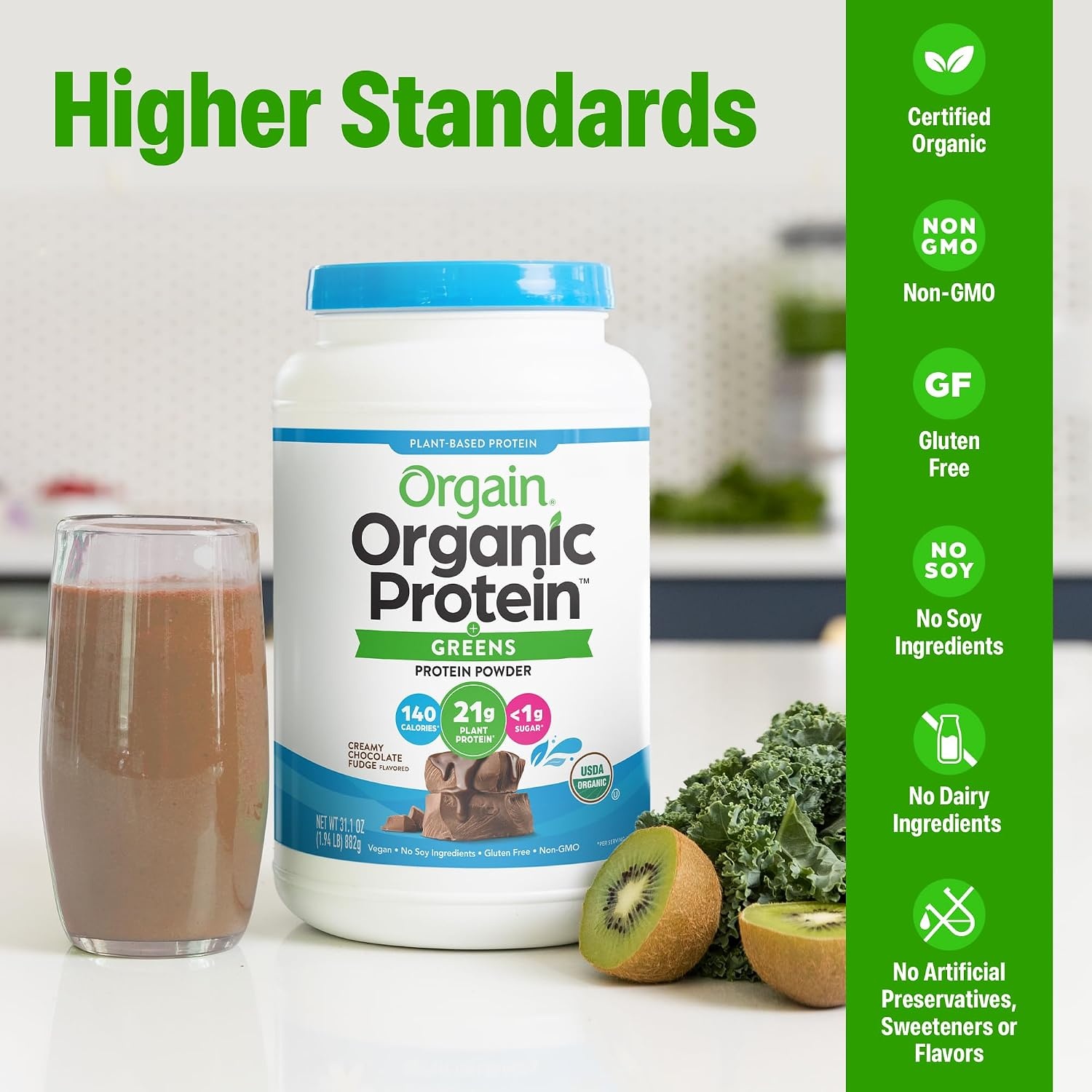image:imageOrgain Organic Vegan Protein Powder Greens Vanilla Bean 21g Plant Based Protein Gluten Free Dairy Free Lactose Free Soy Free No Sugar Added With Iron amp Prebiotics for Gut Health 194lbCreamy Chocolate Fudge