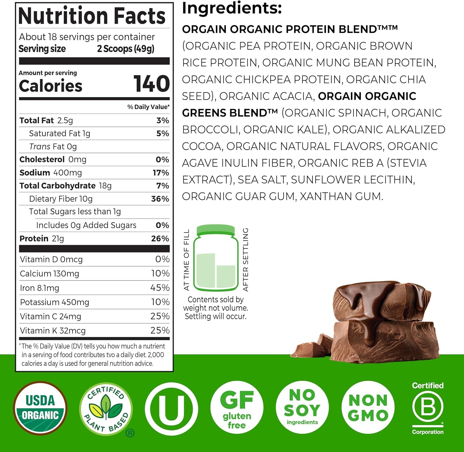 image:imageOrgain Organic Vegan Protein Powder Greens Vanilla Bean 21g Plant Based Protein Gluten Free Dairy Free Lactose Free Soy Free No Sugar Added With Iron amp Prebiotics for Gut Health 194lbCreamy Chocolate Fudge Pack of 12