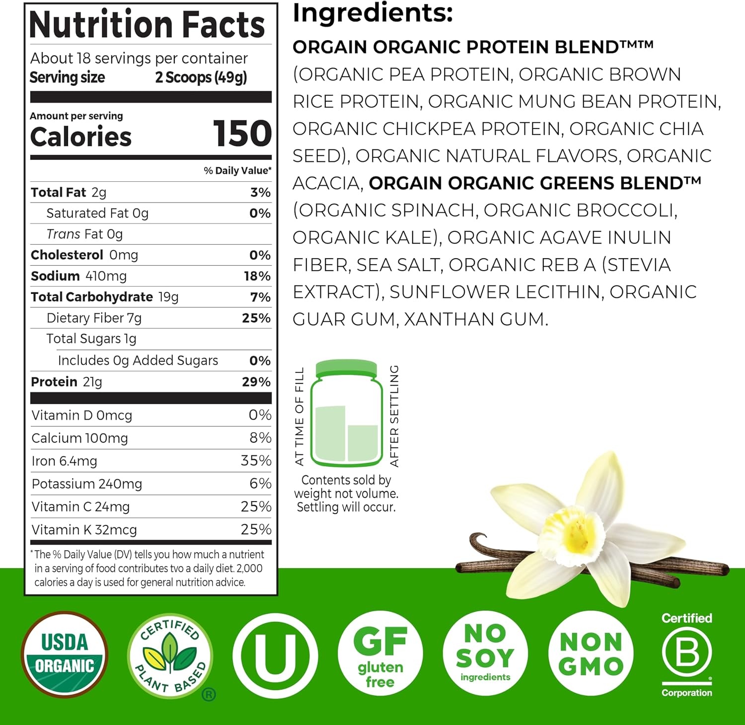 image:imageOrgain Organic Vegan Protein Powder Greens Vanilla Bean 21g Plant Based Protein Gluten Free Dairy Free Lactose Free Soy Free No Sugar Added With Iron amp Prebiotics for Gut Health 194lbVanilla