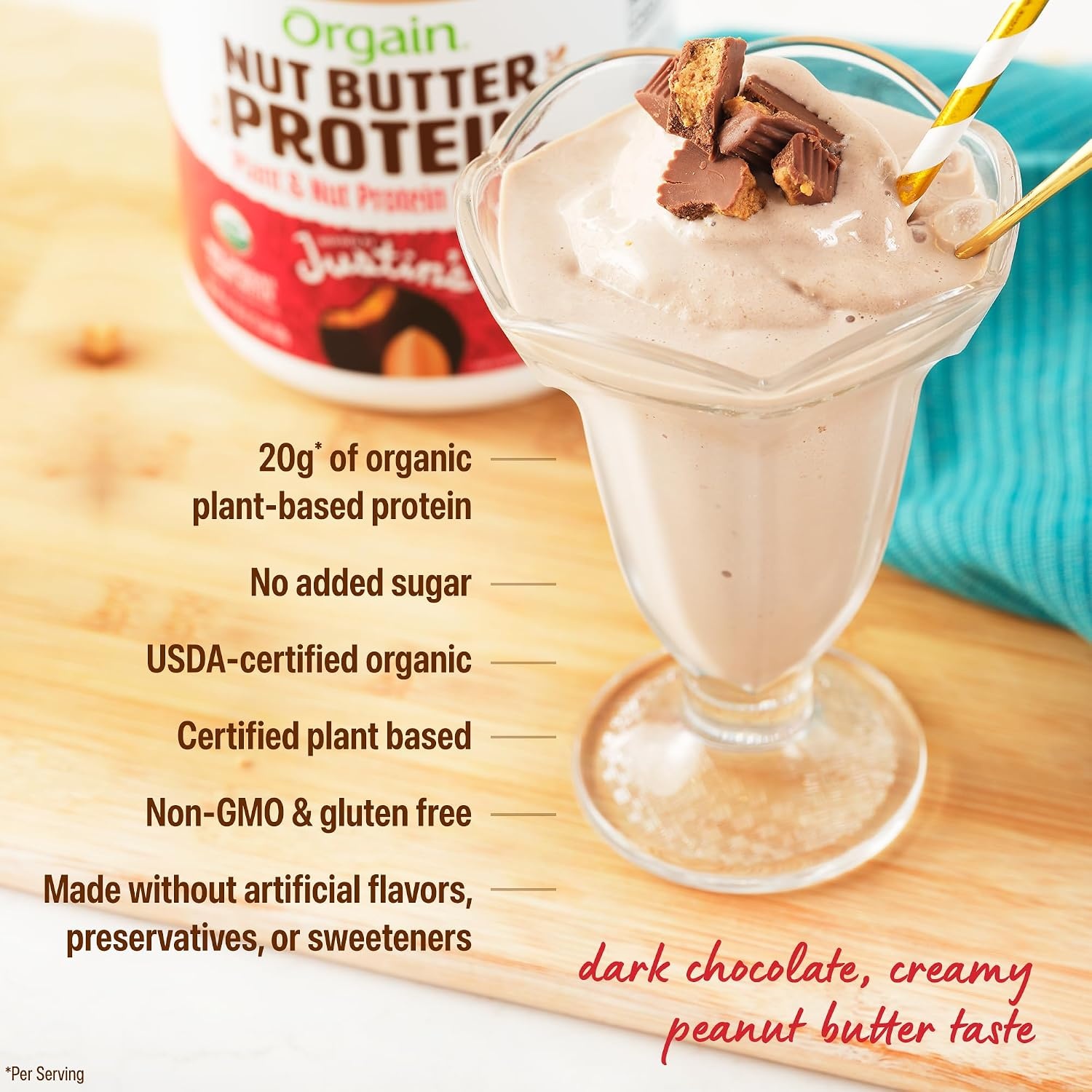 image:imageOrgain X Justins 20g Protein Powder Chocolate Peanut Butter 117lbDark Chocolate Peanut Butter