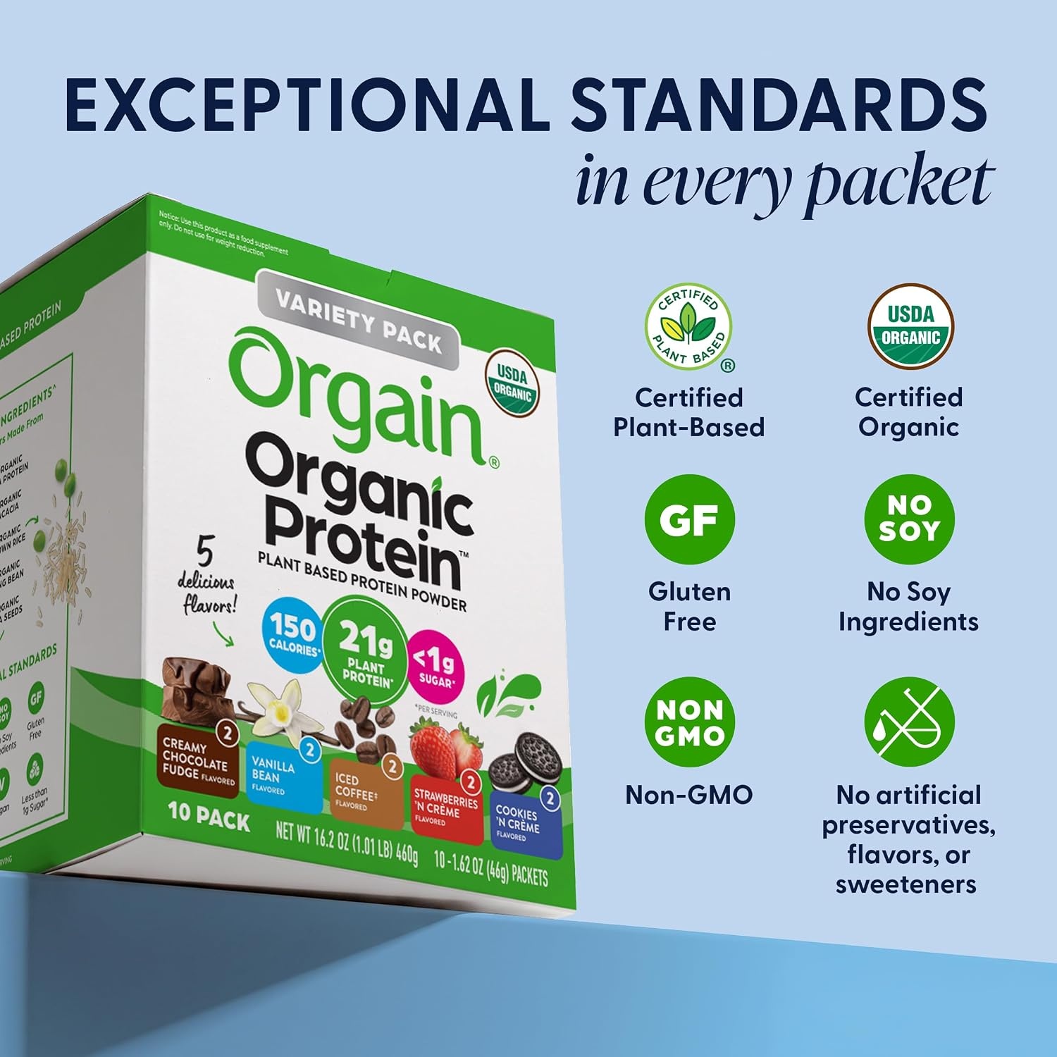image:imageOrganic Vegan Protein Powder Variety Pack Five Flavors 162 oz 10 Pack