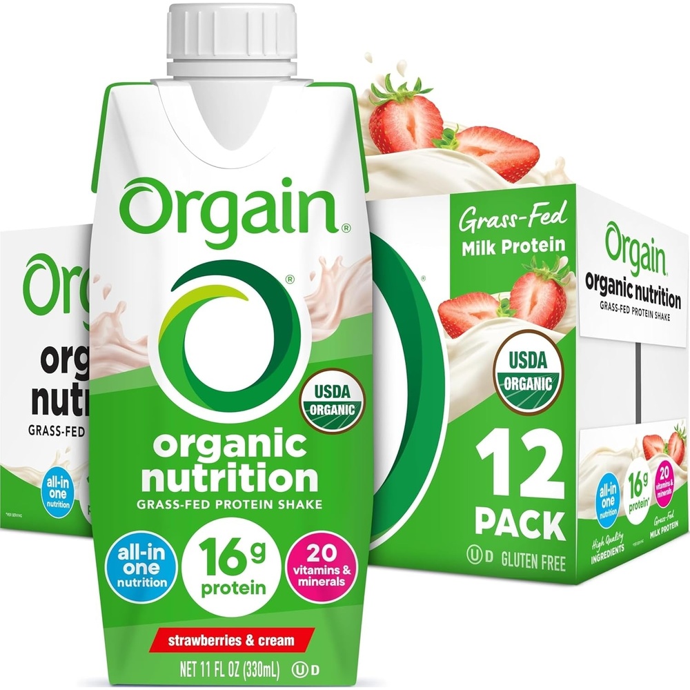 image:imageOrgain Organic Grass Fed Dairy 16g Protein Shake Strawberry 11oz 12pkStrawberries Cream