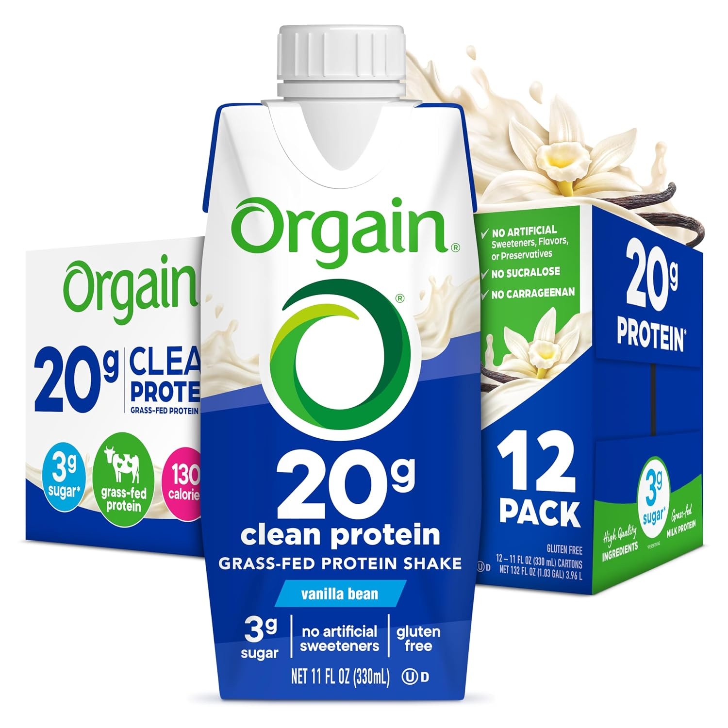 image:imageOrgain 20g Clean Grass Fed High Protein Shake Chocolate 11 oz 12pkVanilla
