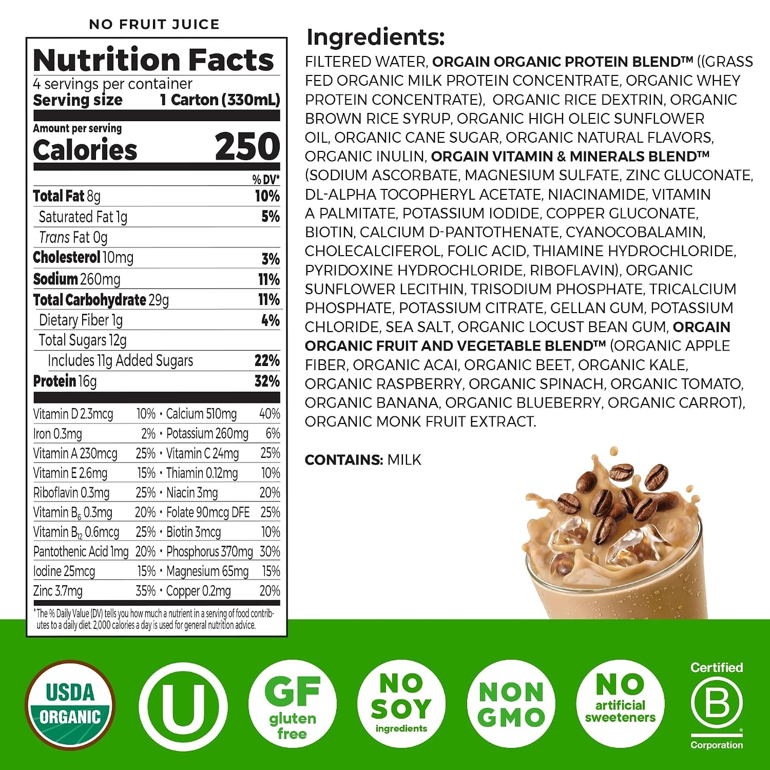 image:imageOrgain Organic Grass Fed Dairy 16g Protein Shake Caf Mocha 11oz 12pk