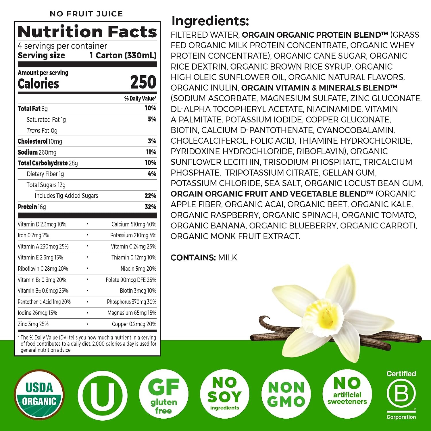 image:imageOrgain Organic Grass Fed Dairy 16g Protein Shake Vanilla 11oz 4pk