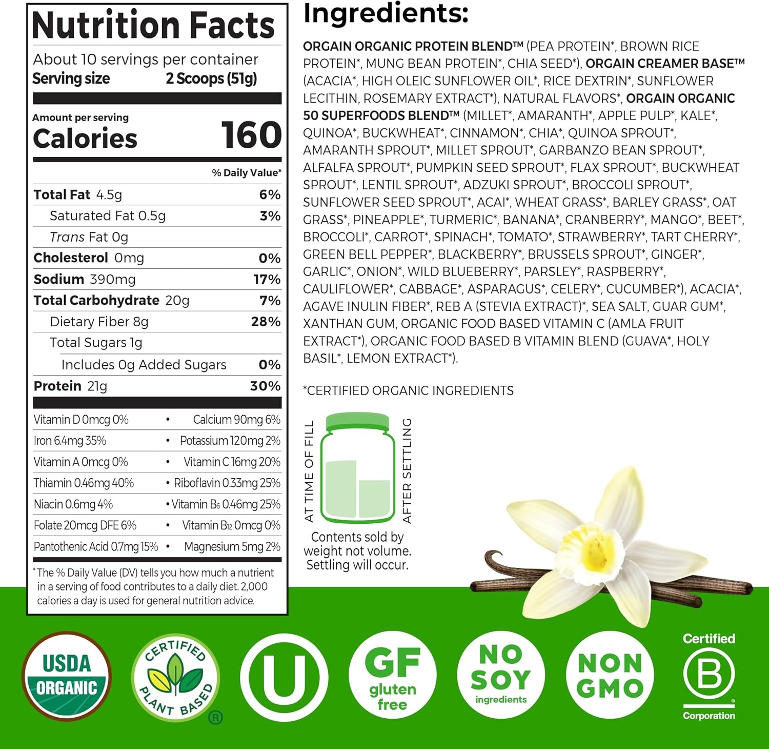 image:imageOrgain Organic Vegan 21g Protein Superfoods Powder Vanilla Bean 112lbVanilla