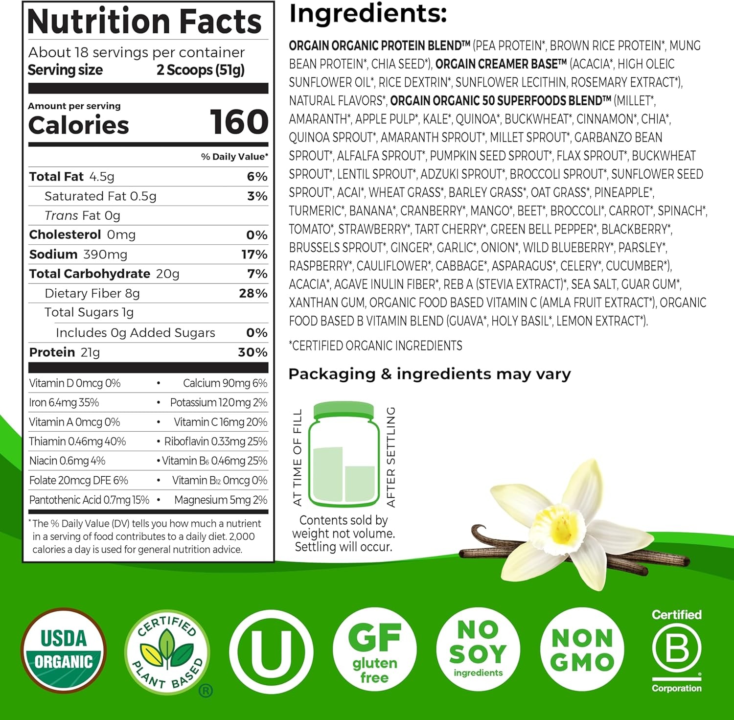 image:imageOrgain Organic Vegan 21g Protein Superfoods Powder Vanilla Bean 202lbVanilla