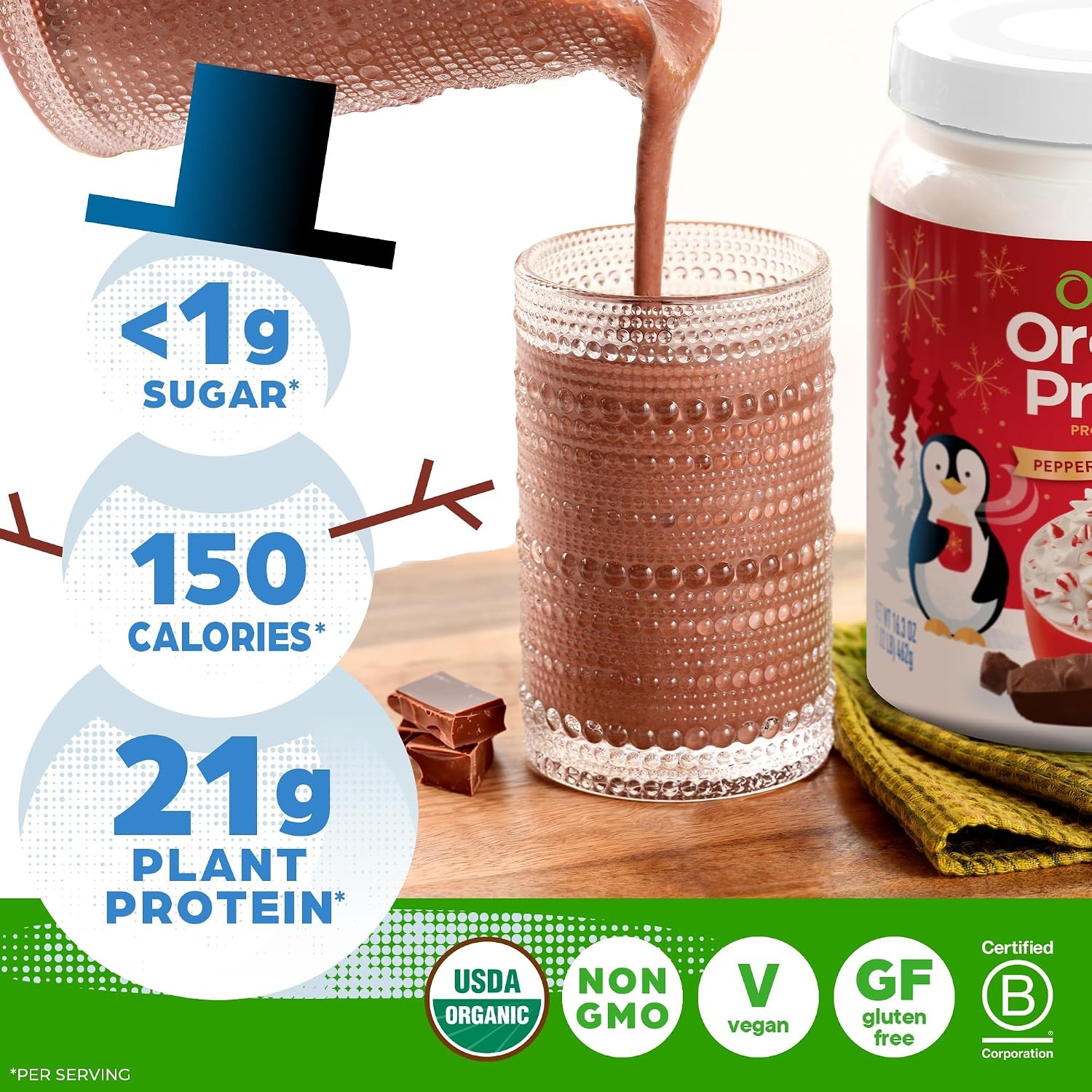 image:imageOrgain Organic Vegan 21g Protein Powder Peppermint Hot Cocoa 102 lb102 Pound Pack of 1