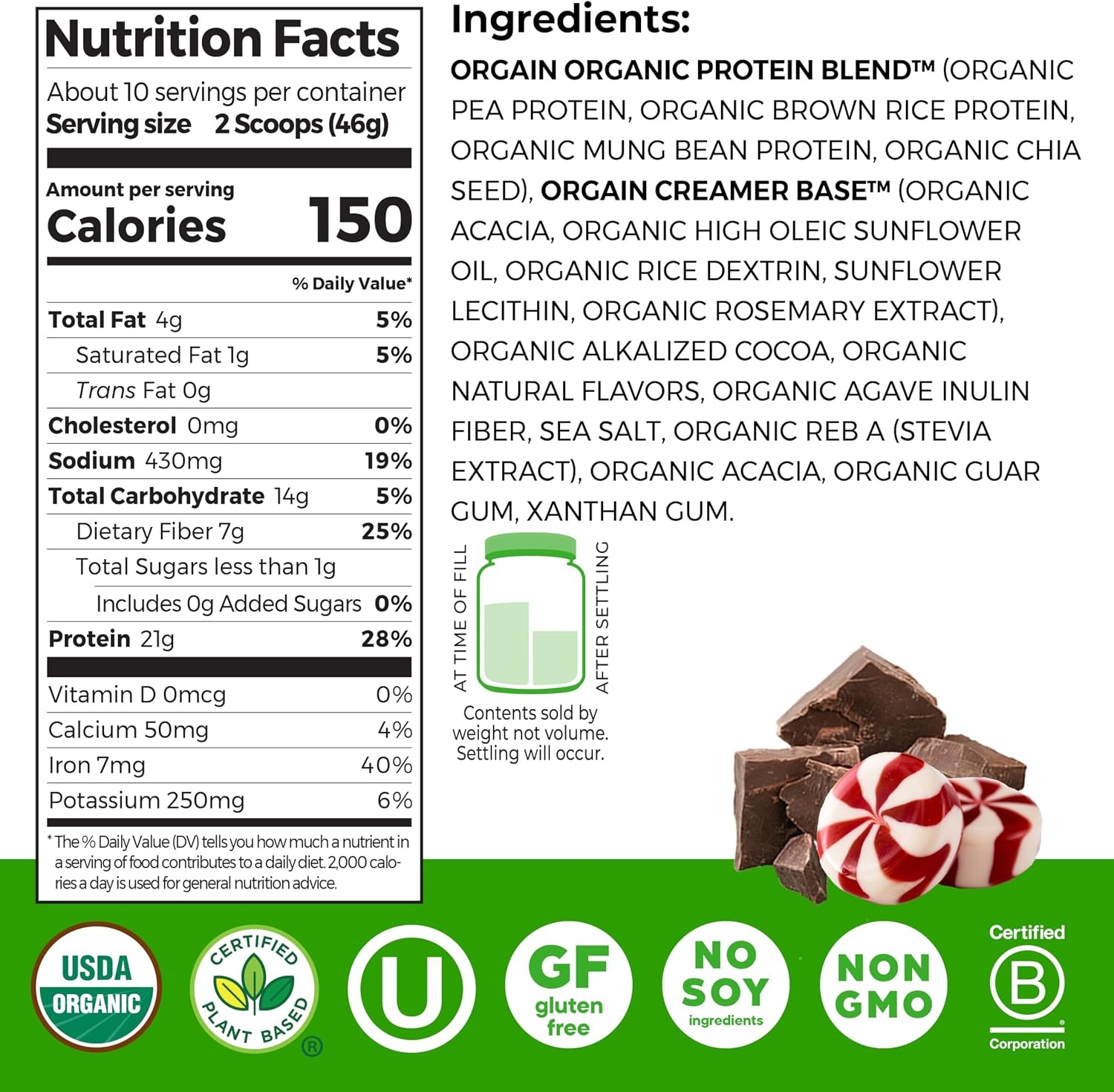 image:imageOrgain Organic Vegan 21g Protein Powder Peppermint Hot Cocoa 102 lb102 Pound Pack of 1
