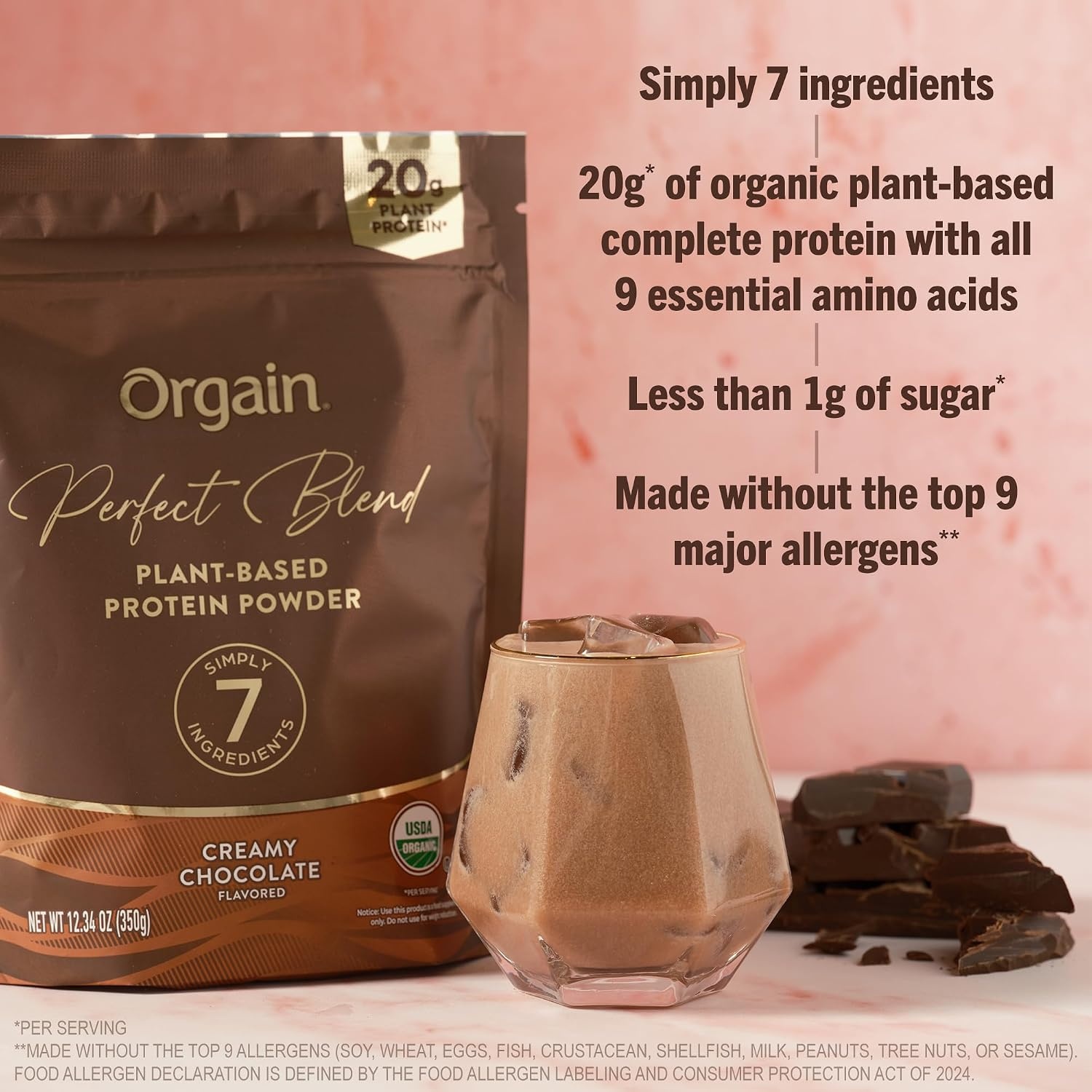 image:imageOrgain Organic Vegan Perfect Blend Protein Powder 20g Clean Plant Protein 7 Ingredients lt1g Sugar Gluten Free NonGMO No Artificial Flavors Stevia Extract Dairy or Soy Ingredients Chocolate
