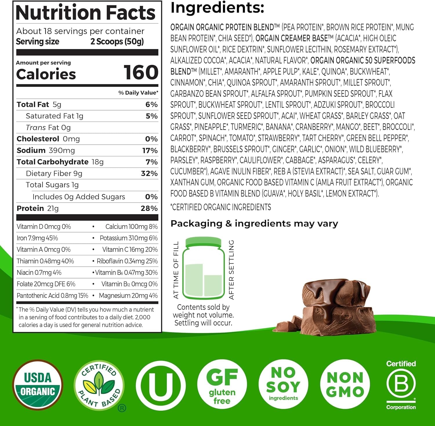 image:imageOrgain Organic Vegan Protein 50 Superfoods Powder Bundle Creamy Chocolate Fudge amp Vanilla Bean 21g Plant Based Protein 202 lb Each