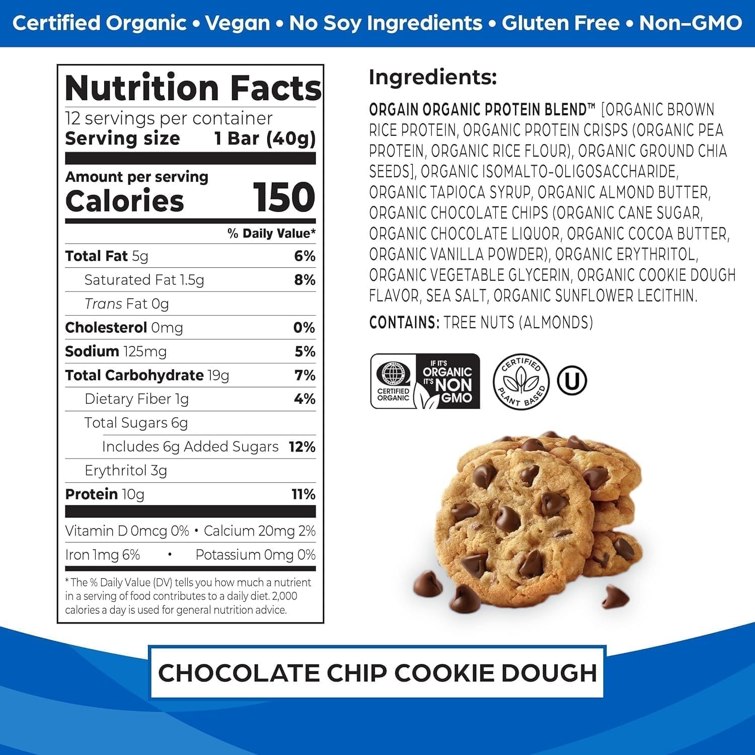 image:imageOrgain Organic Vegan Protein Bars Bundle Chocolate Chip Cookie Dough amp Chocolate Brownie 10g Plant Based Protein Gluten Free NonGMO 141 Oz 2 Pack of 12Chocolate Chip Cookie Dough Chocolate Brownie