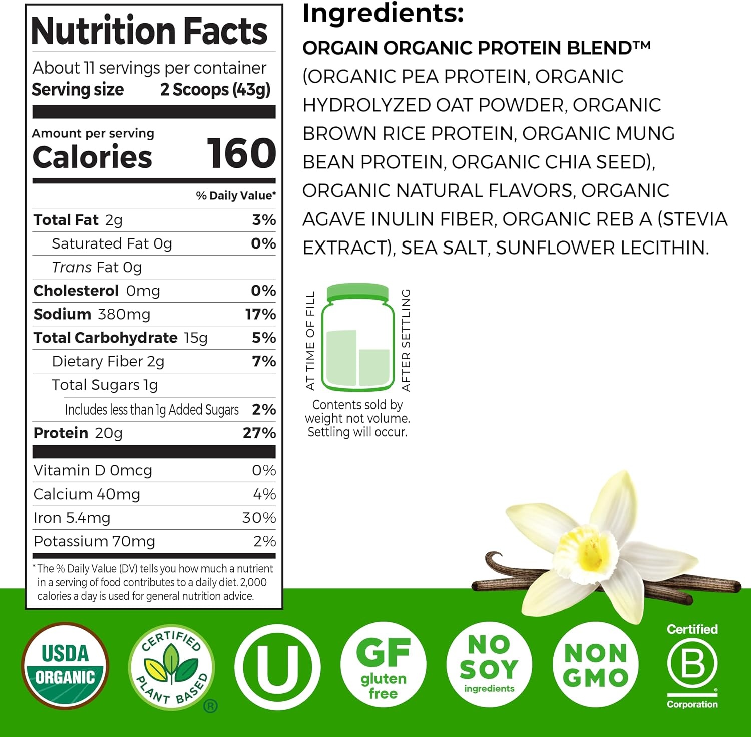 image:imageOrgain Organic Vegan Protein Powder Oat Milk Vanilla Bean 20g Plant Based Protein Gluten Free No Dairy Soy or Lactose Ingredients Low Sugar NonGMO Kosher For Shakes amp Smoothies 105lbVanilla