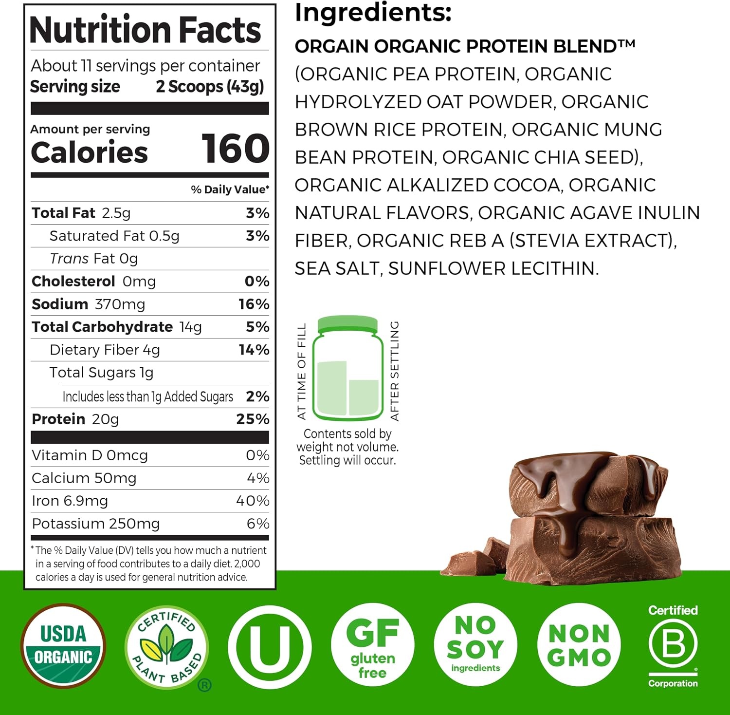 image:imageOrgain Organic Vegan Protein Powder Oat Milk Vanilla Bean 20g Plant Based Protein Gluten Free No Dairy Soy or Lactose Ingredients Low Sugar NonGMO Kosher For Shakes amp Smoothies 105lbChocolate