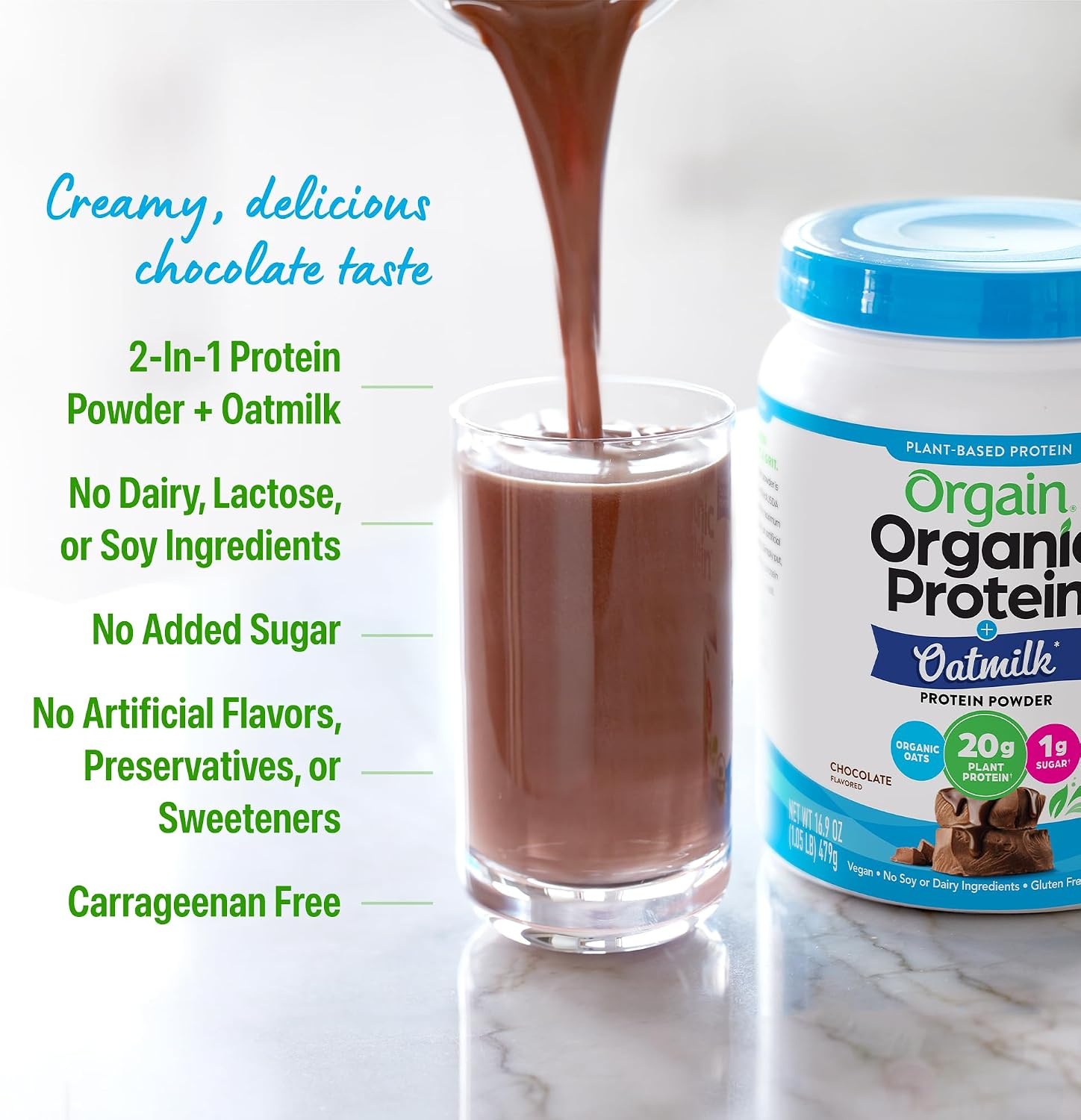 image:imageOrgain Organic Vegan Protein Powder Oat Milk Vanilla Bean 20g Plant Based Protein Gluten Free No Dairy Soy or Lactose Ingredients Low Sugar NonGMO Kosher For Shakes amp Smoothies 105lbChocolate