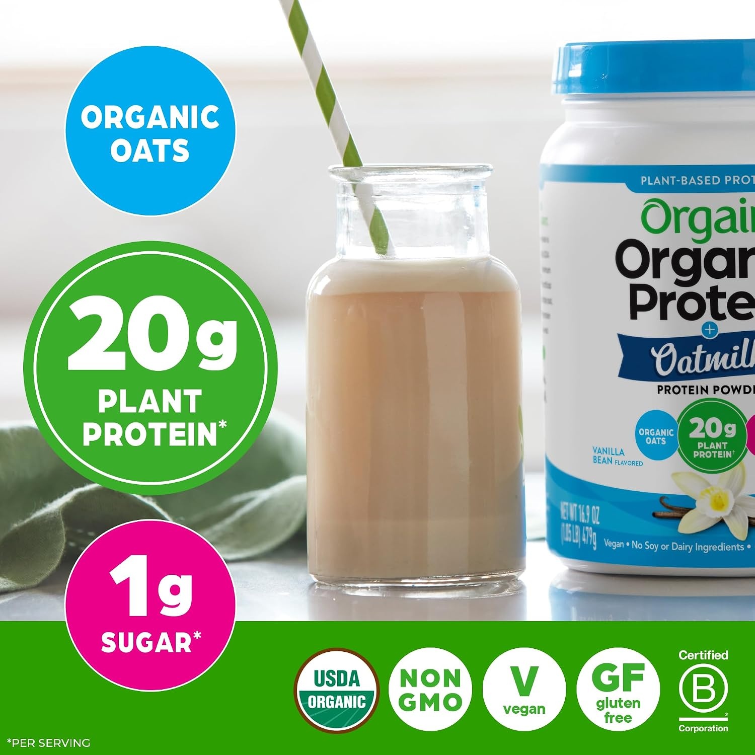 image:imageOrgain Organic Vegan Protein Powder Oat Milk Vanilla Bean 20g Plant Based Protein Gluten Free No Dairy Soy or Lactose Ingredients Low Sugar NonGMO Kosher For Shakes amp Smoothies 105lbVanilla