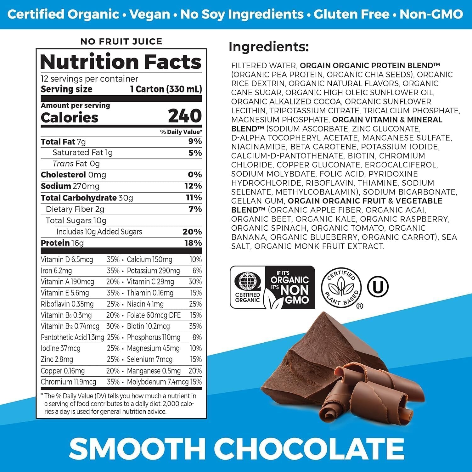 image:imageOrgain Organic Vegan Protein Shake Bundle Smooth Chocolate amp Vanilla Bean 16g Plant Based Protein 11 Fl Oz Pack of 4 EachSmooth Chocolate Vanilla Bean
