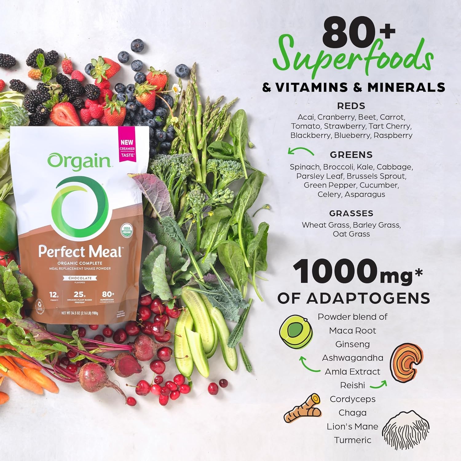 image:imageOrgain Perfect Meal Organic Vegan Meal Replacement Protein Powder Vanilla 25g Plant Based Protein 80 Superfoods 1B Probiotics amp 10g Fiber Adaptogens amp Ashwagandha 216lbChocolate