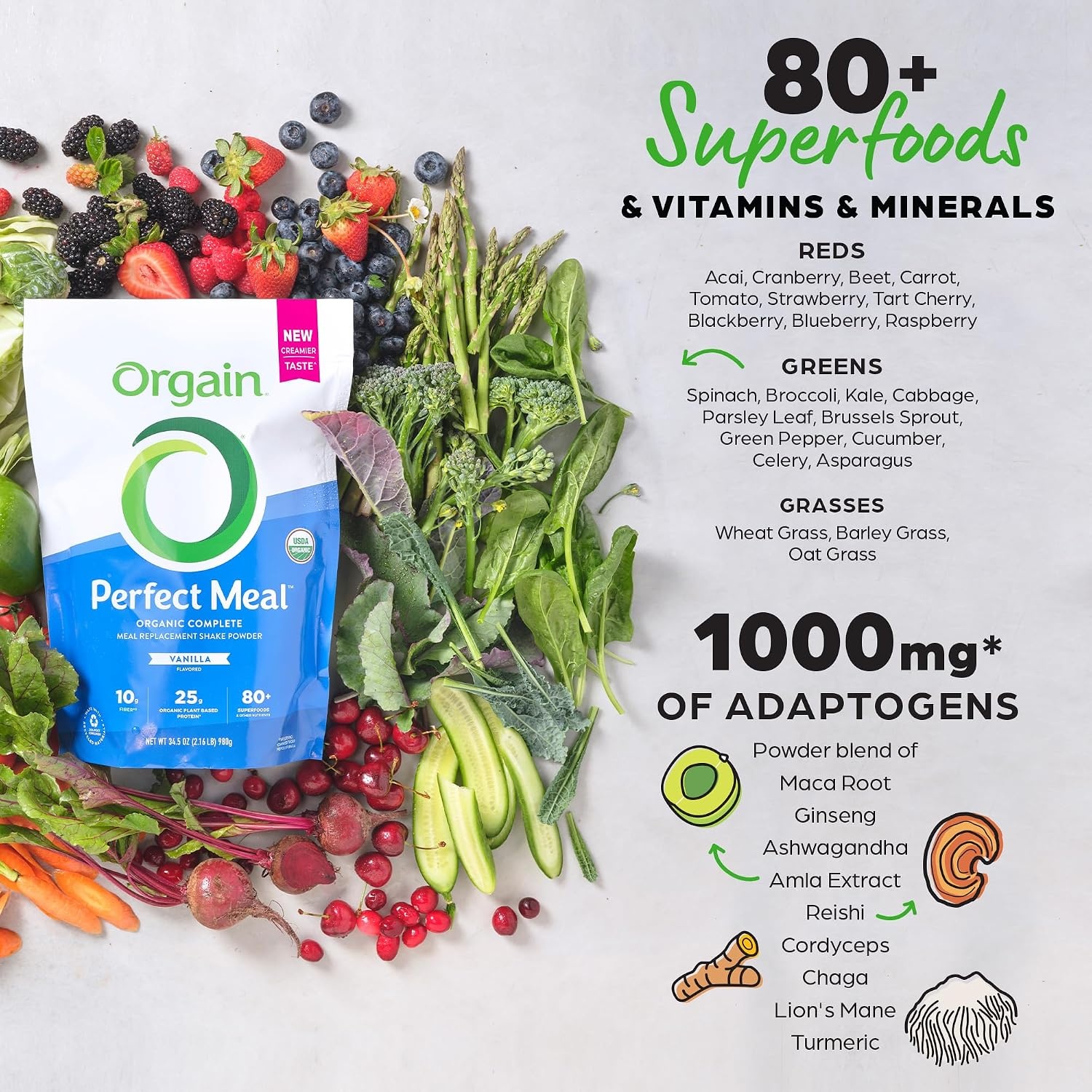 image:imageOrgain Perfect Meal Organic Vegan Meal Replacement Protein Powder Vanilla 25g Plant Based Protein 80 Superfoods 1B Probiotics amp 10g Fiber Adaptogens amp Ashwagandha 216lbVanilla