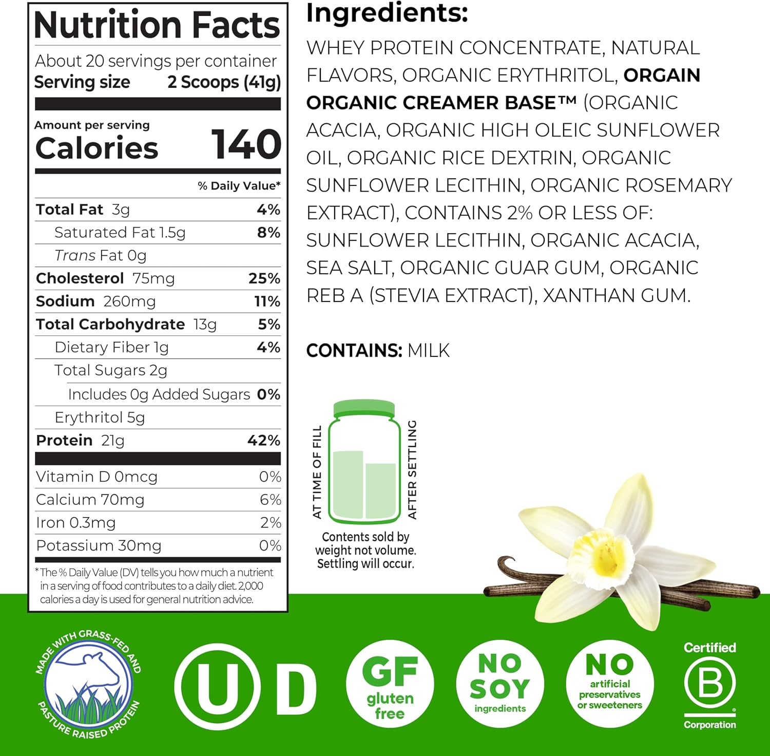 image:imageOrgain Whey Protein Powder Vanilla Bean 21g Grass Fed Dairy Protein 5g BCAAs 3g Prebiotic Fiber No Sugar Added No Added Hormones Gluten Free Kosher for Shakes amp Smoothies 182lbVanilla
