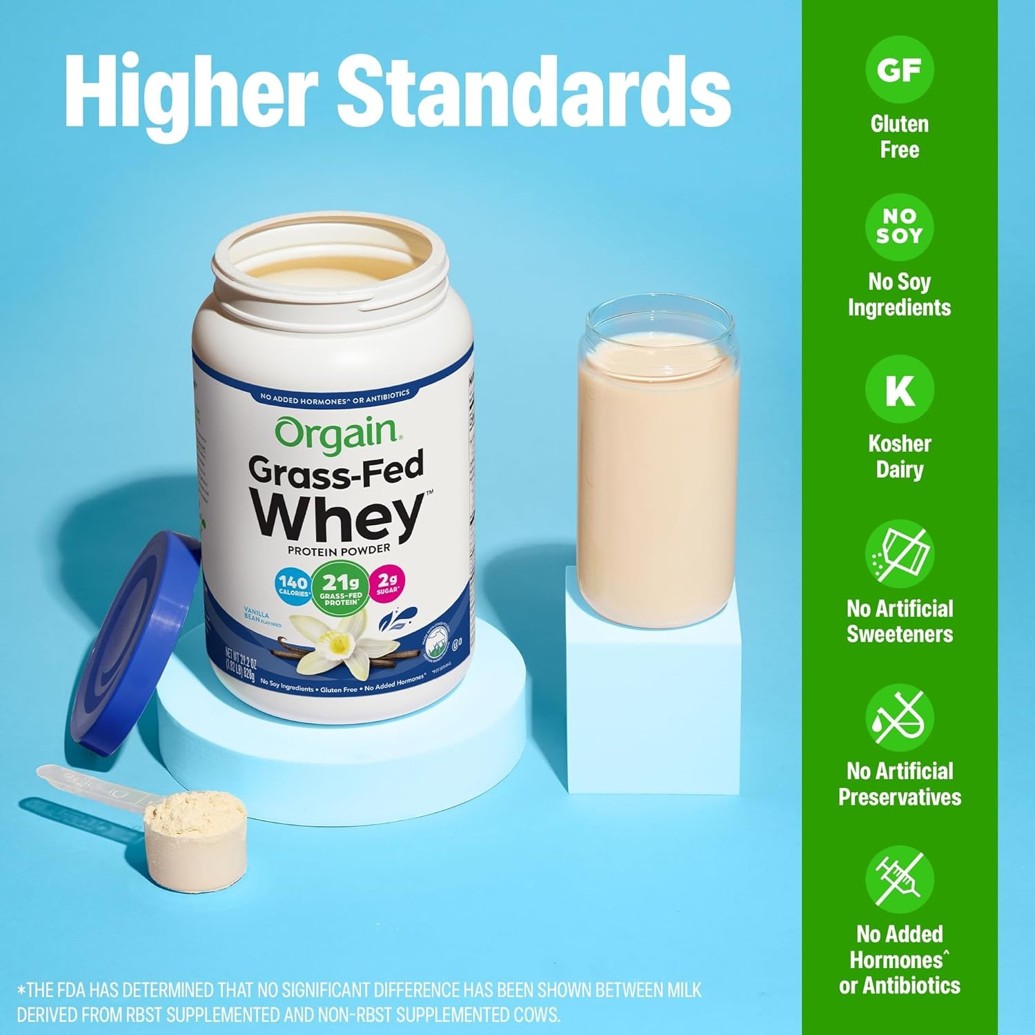 image:imageOrgain Whey Protein Powder Vanilla Bean 21g Grass Fed Dairy Protein 5g BCAAs 3g Prebiotic Fiber No Sugar Added No Added Hormones Gluten Free Kosher for Shakes amp Smoothies 182lbVanilla