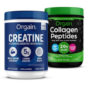 Orgain Creatine Monohydrate Powder 17.64 Oz (100 Servings) & Collagen Peptides Powder 1lb (20g Grass Fed) Bundle – Unflavored, Non-GMO Supplements for Muscle, Brain, Skin & Joint Support